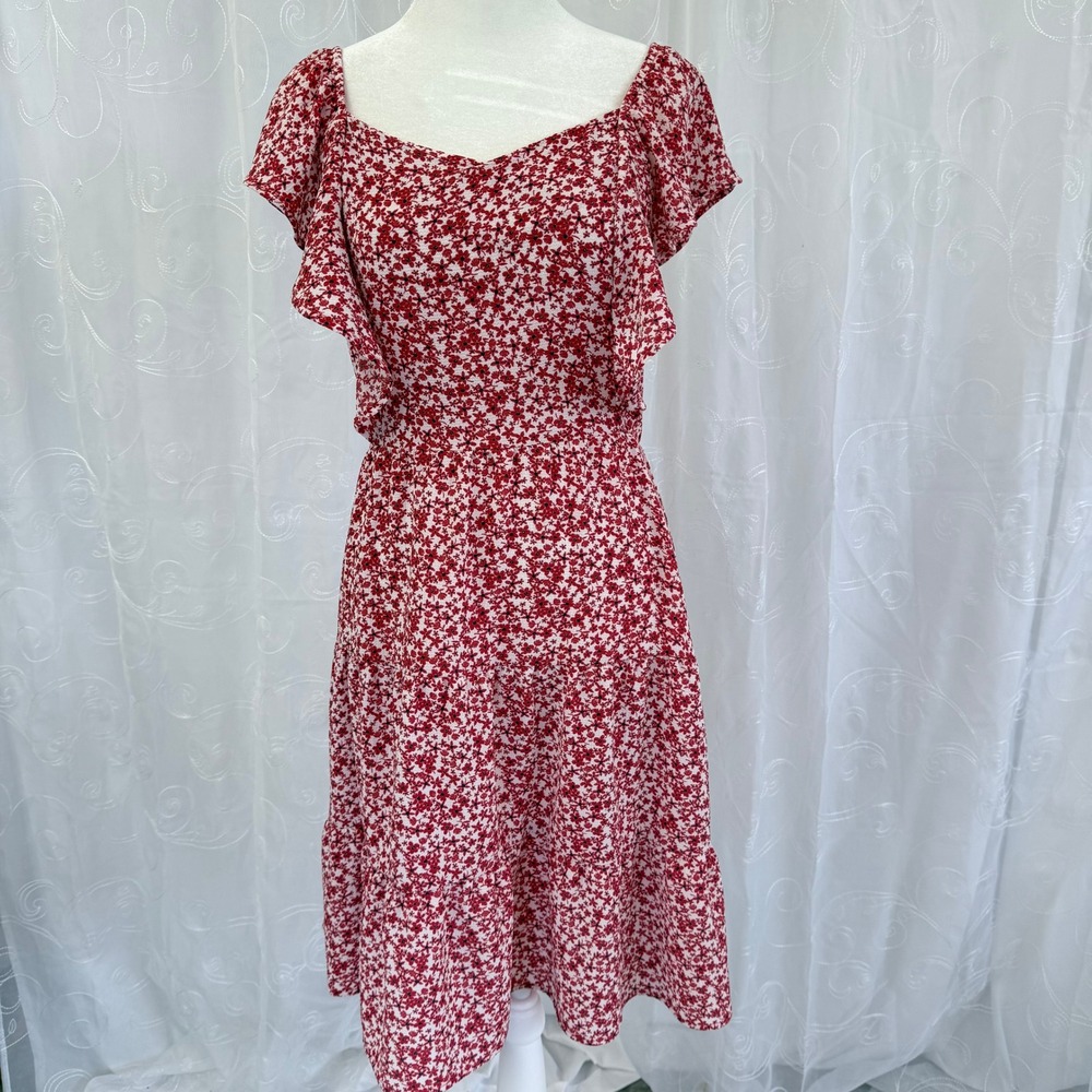 Monteau Los Angeles Red Floral Flutter Sleeve Tiered Midi Dress Small